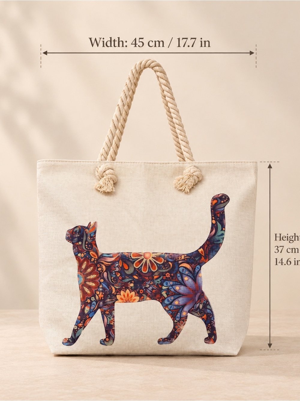 Title: Beautiful Walk Cat Canvas Tote Bag Rope Handles New